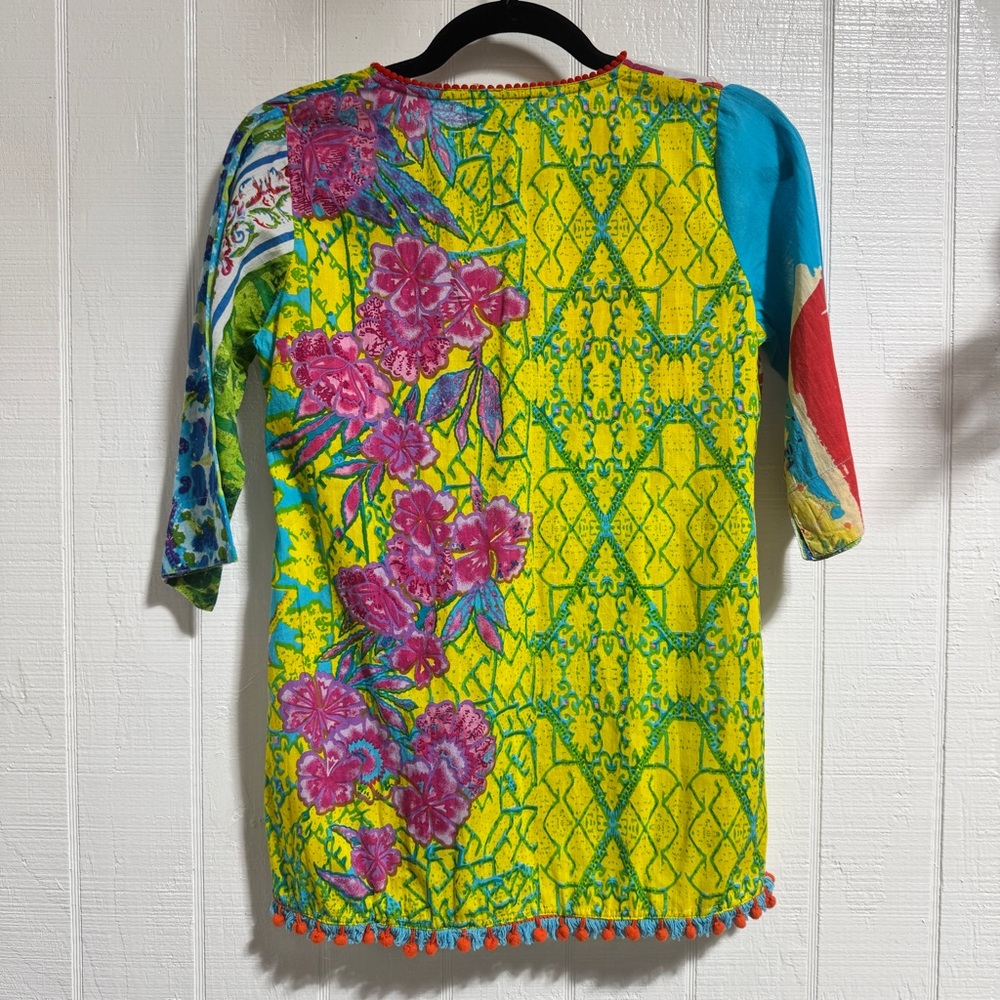 Colorful Patchwork V-Neck Blouse - image 2